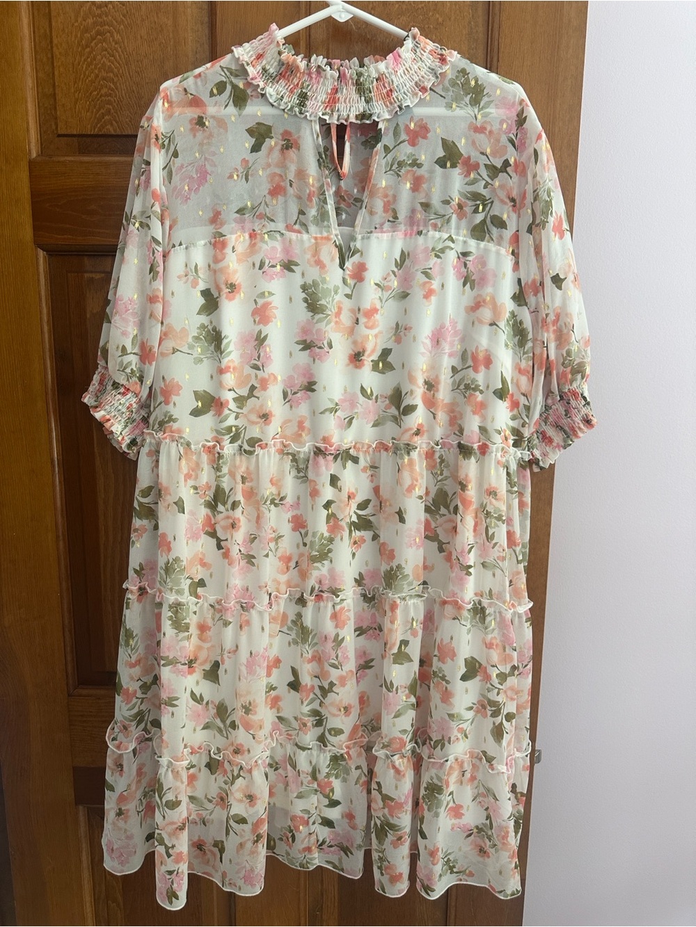 Love By Design Cream Floral Tiered Dress with Pink & Green Accents